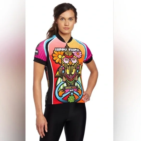 World Jerseys Biker Hippy Chick Zip Up Short Sleeve Active Top Groovy Size M - Picture 1 of 16